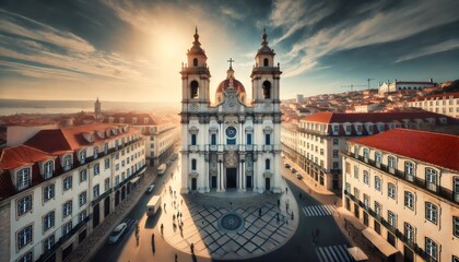Fototapeta premium Igreja da nossa senhora da conceicao velha church illuminating lisbon at sunset