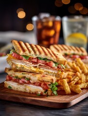Delicious grilled sandwich with turkey bacon and tomatoes stacked on wooden board with fries and drinks
