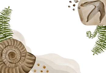 Frame with fossils and ancient shells. Ammonite and dinosaur footprint on stone or clay. Fern and pebbles. Template and frame for decoration. Watercolor illustration without background, hand drawing