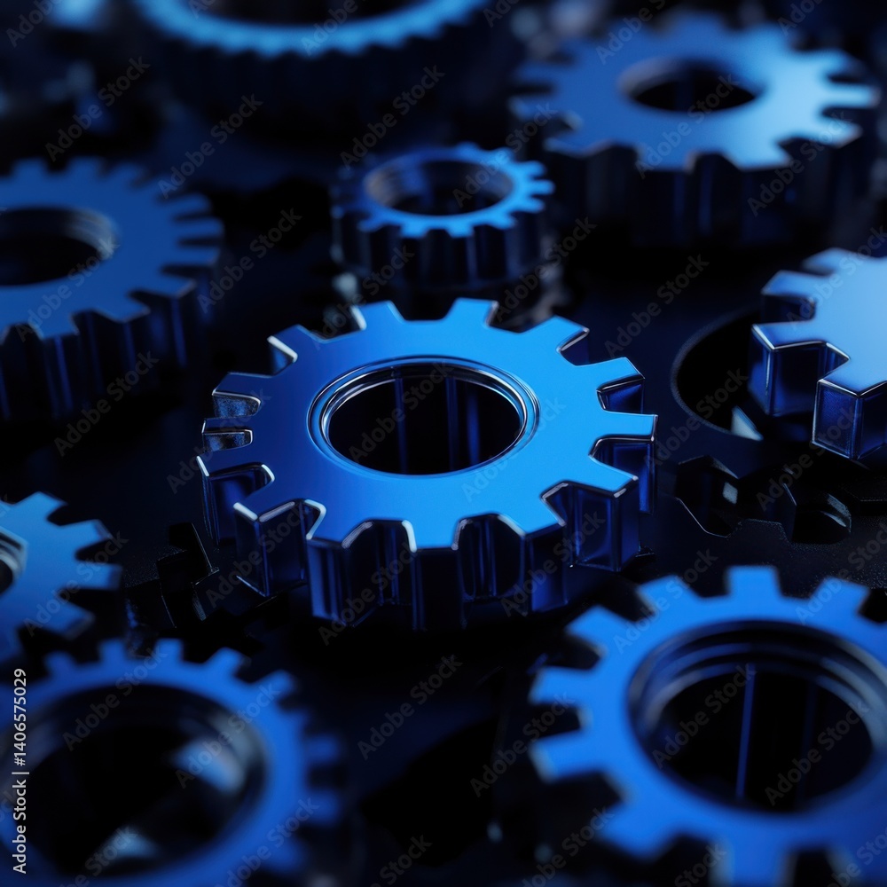 Poster deep blue cogs: interlocking gears of precision engineering