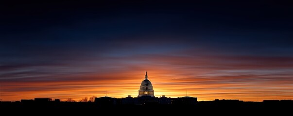 As day transitions to night, the US Capitol is bathed in the warm, radiant glow of a spectacular sunset - Washington clouds pillars political Capitol