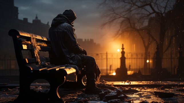 A homeless man sleeping on a park bench under a worn blanket in cold winter light with snow around him and people walking by indifferently,generative ai illustration