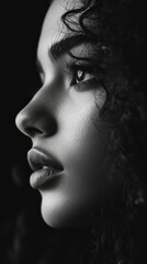 Close up black and white portrait of a woman looking away with a thoughtful expression