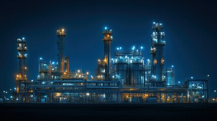 Industrial complex at night.  Massive petrochemical plant illuminated by bright lights.  Modern, large-scale facilities