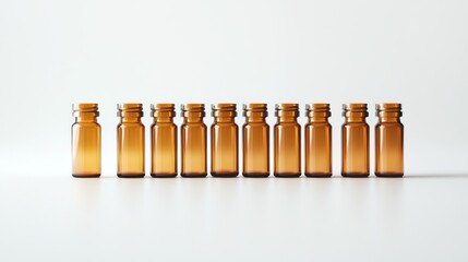 Amber pharmaceutical vials standing in a row against a clean white background