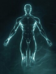 Translucent human silhouette with glowing muscle system showcases futuristic anatomical visualization set against a dark background