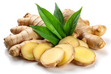 Fresh Ginger Root with Slices and Leaves, Perfect for Health and Wellness Stock Photos