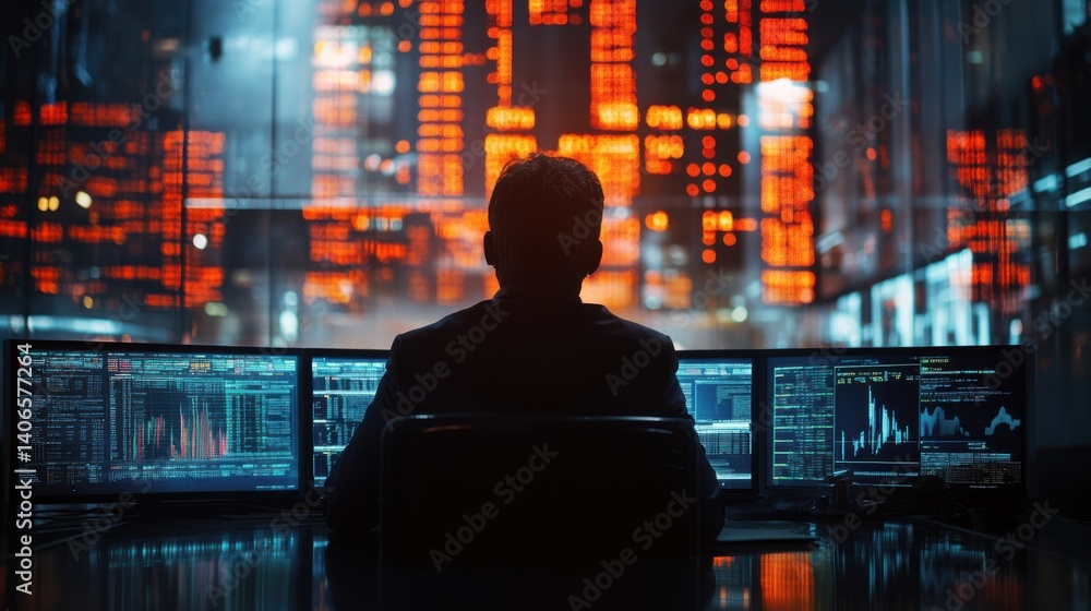 Poster a person sits in front of multiple screens displaying financial data, illuminated by vibrant orange 