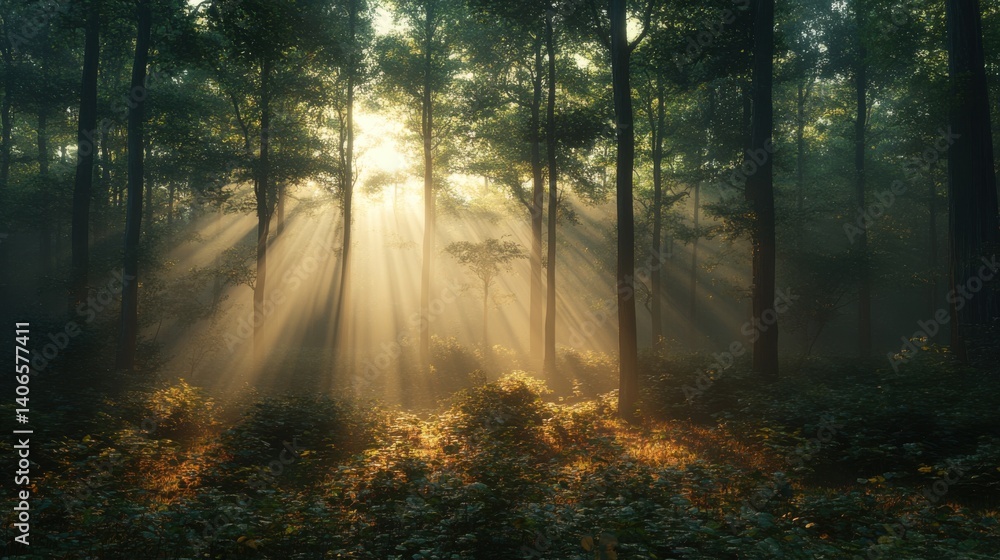 Poster sunlight filters through a dense forest, creating a serene atmosphere with rays illuminating the fol