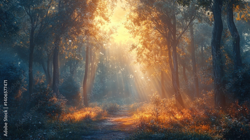 Poster a serene forest scene with sunlight filtering through trees, creating a mystical atmosphere along a 