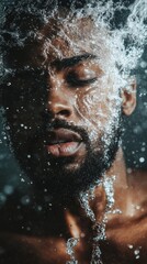 Water splashes over a young man's face. Abstract image of man in water, portrait of a man's face, black and white image.