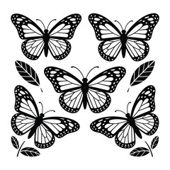 Flying butterflies silhouette black on white background 