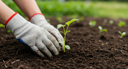 Hands in gardening gloves planting green seedling in soil. Sustainable agriculture concept for farming education, environmental conservation and organic gardening promotion