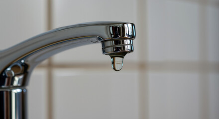 Chrome faucet with water drop hanging from spout on white bathroom background. Water conservation concept for plumbing services promotion and environmental awareness campaigns