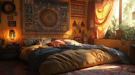 A cozy, warmly lit bedroom featuring a large bed, vibrant textiles, and lush plants, creating a relaxed and inviting atmosphere.