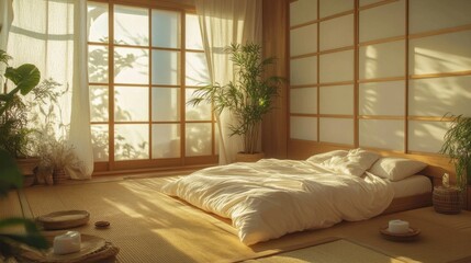 A serene, minimalist bedroom featuring natural light, plants, and a cozy bed, embodying tranquility and harmony with nature.
