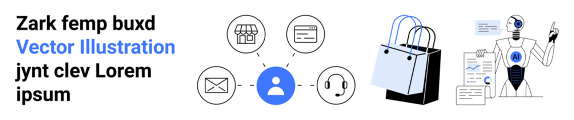 User icon connects to shopping, messages, emails, and customer service shopping bags and AI robot analyze data. Ideal for e-commerce, AI, customer support, marketing, retail branding flat landing