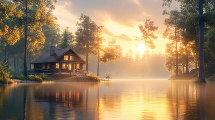 Fototapeta premium A serene lakeside cabin surrounded by trees, bathed in golden sunlight, reflecting on calm waters during a tranquil sunset.