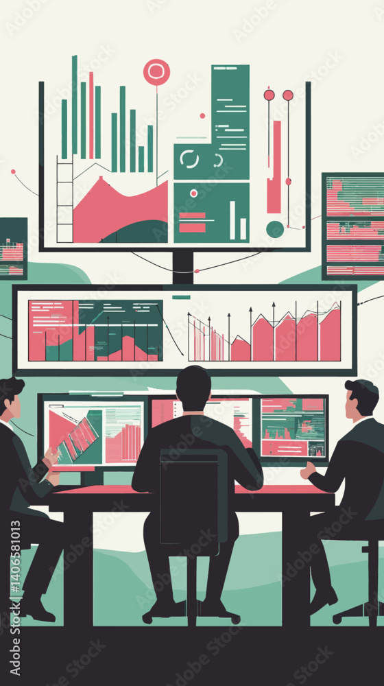 Poster business analytics team analyzing big data on multiple screens vector illustration