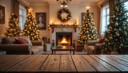 Empty modern wood table top on living room at christmas with a blurred background.