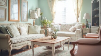Shabby chic living room design with vintage elements, comfortable seating, and pastel tones