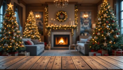 Empty modern wood table top on living room at christmas with a blurred background.