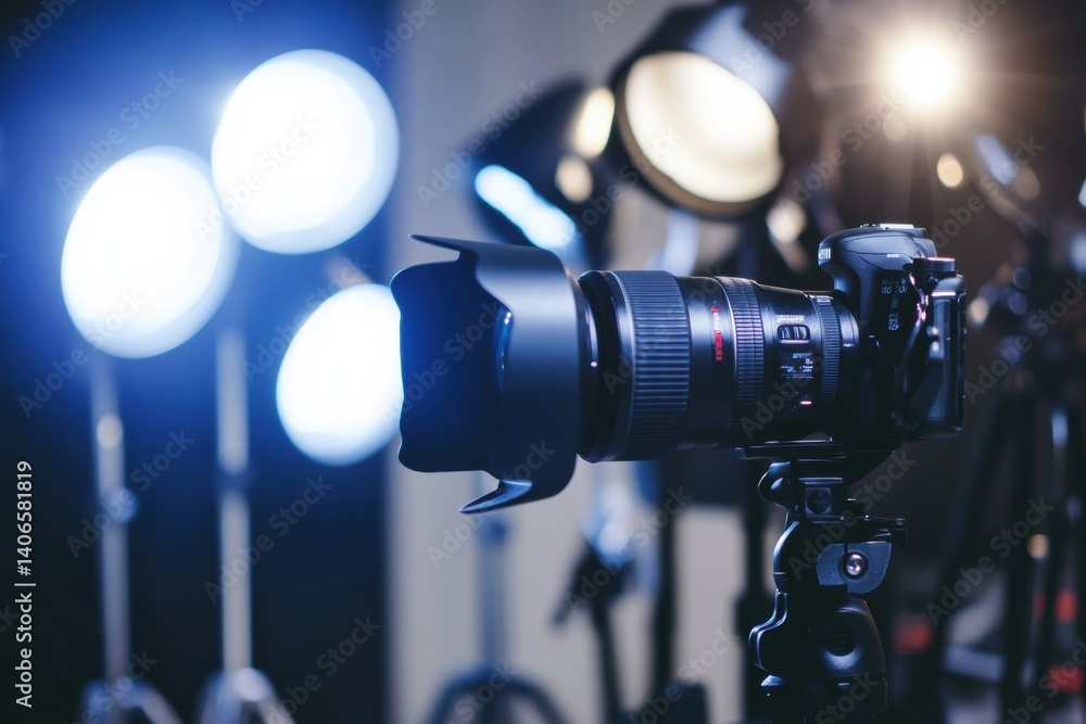 Poster camera setup in studio surrounded by flashes and lighting equipment creating a professional atmosphe