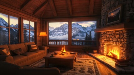 Naklejka premium A cozy cabin living room with a mountain view and a warm fireplace.