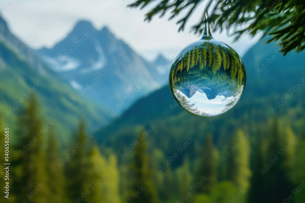 Poster droplet captures stunning reflection of mountain and forest landscape in tranquil nature setting
