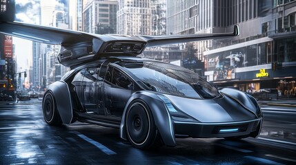 Futuristic Fantasy Vehicle in Urban Setting with Sleek Design