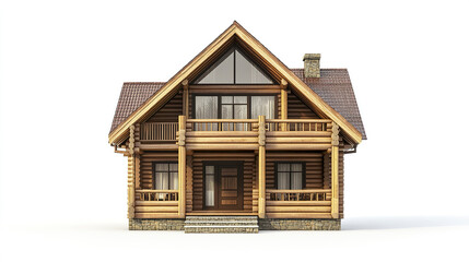 Wooden frame house with stone foundation on white background