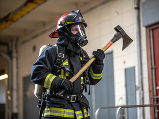 Obraz premium firefighter in full gear, helmet on, holding an axe