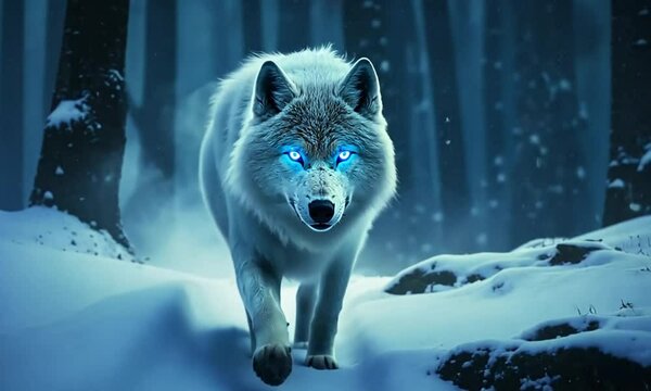 Cinematic Animation of a Glowing-Eyed Dire Wolf Walking Forward in a Snowstorm &ndash; Fantasy Forest Ambience