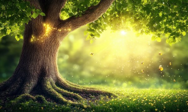 Magical tree, sunlight, forest, spring, fantasy, nature, idyllic, background, for design