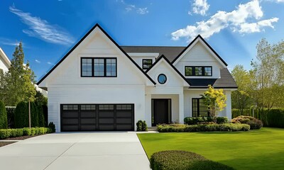 Modern white house with clean architecture, black trim, and lush landscaping under a clear sky. Perfect for luxury real estate and architectural themes.