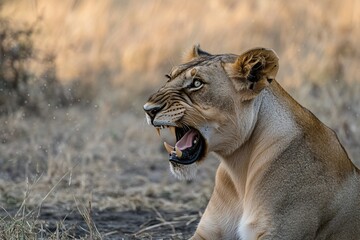 Naklejka premium Close-Up of an Angry Lioness Roaring in the Rain with Sharp Teeth Exposed. Generative AI