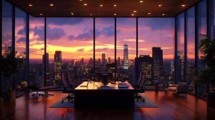 A modern office with a stunning city skyline view during sunset, featuring large glass windows and sleek furniture.