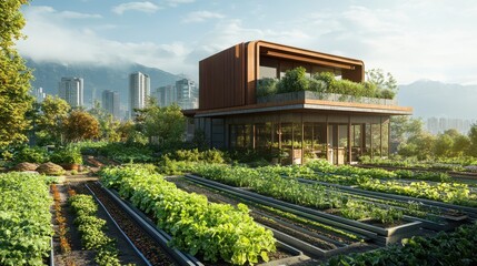 Obraz premium A modern building with rooftop gardens surrounded by urban greenery and city skyscrapers, showcasing sustainable architecture and agriculture.