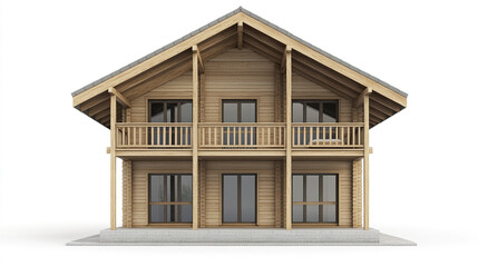 wooden frame house with balcony on white background