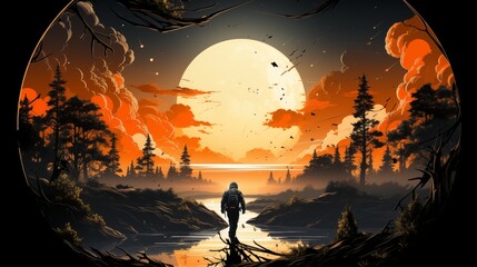 Obraz premium A stylized vector artwork of an astronaut floating mid-space with a futuristic spacecraft behind and detailed Earth curvature glowing softly in the distance,generative ai illustration
