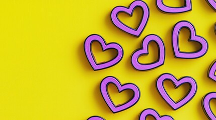 Obraz premium A minimalist design of interlocking electric purple hearts in bold outlines, placed on a vibrant lemon yellow background for a striking contrast.