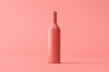 Minimalist concept of living coral wine bottle on living coral background