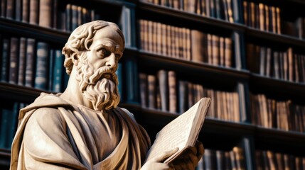 Fototapeta premium A classical sculpture of a philosopher reading a book, surrounded by a library of ancient texts, symbolizes wisdom and intellectual pursuit.