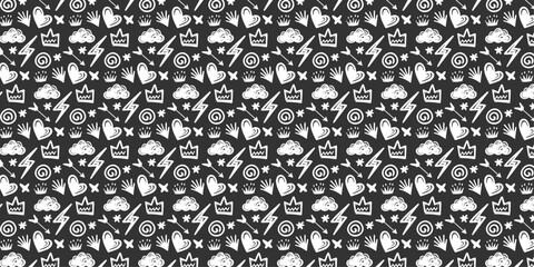 Trendy Doodle Art Background Monochrome Vector Pattern with Crowns, Love Hearts, Storm Clouds, Lightning, and Abstract Shapes