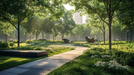 Fototapeta premium A serene park scene with lush greenery, pathways, and sculptures, illuminated by soft sunlight filtering through the trees.