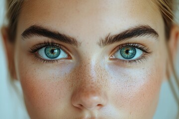Fototapeta premium Close-up shot of eyes and face, showing clear skin with visible freckles, focusing on the vibrant eye color