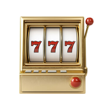 Golden slot machine with red accents, featuring three 7s on the reels, celebrating a jackpot win, ideal for casino-themed designs, PNG file isolate on transparent background, cut out, close up, 