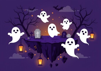 Cute Pixel Art Ghosts Floating Over a Spooky Island