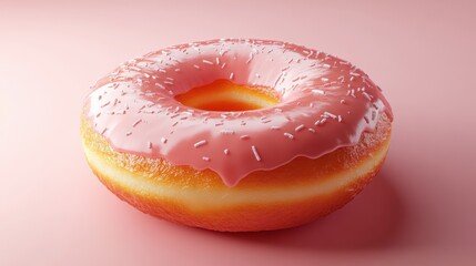 Obraz premium A delicious pink frosted donut with sprinkles sits against a soft pastel background, inviting sweet indulgence.