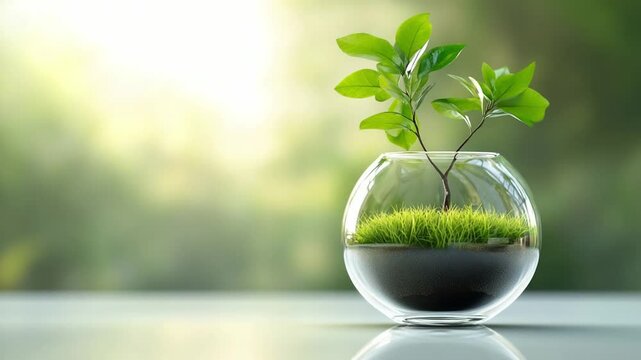 A small plant flourishes in a round glass container filled with soil and moss, placed on a table. Sunlight filters through greenery, enhancing the tranquil ambiance of nature and growth